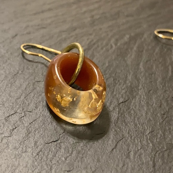 Amber Carmel Clear Resin Gold Tone Nugget Accent Dangle Earrings - Picture 9 of 11